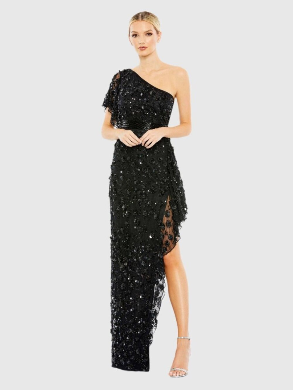 Mac Duggal Size 6 Black 93687 One Shoulder Beaded Asymmetrical Prom Gown Dress